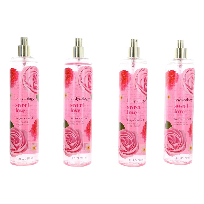 Bodycology Sweet Love fragrance mist 4-pack, 8 oz bottles for women, featuring floral and sweet scent profiles.
