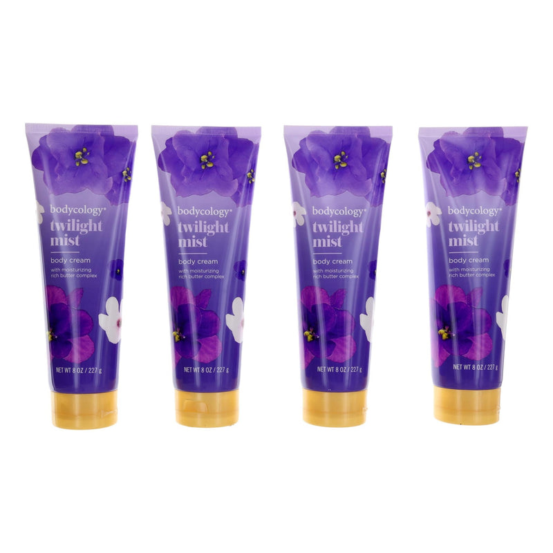 Four 8oz jars of Bodycology Twilight Mist moisturizing body cream for women, featuring a soothing, floral scent and creamy texture.