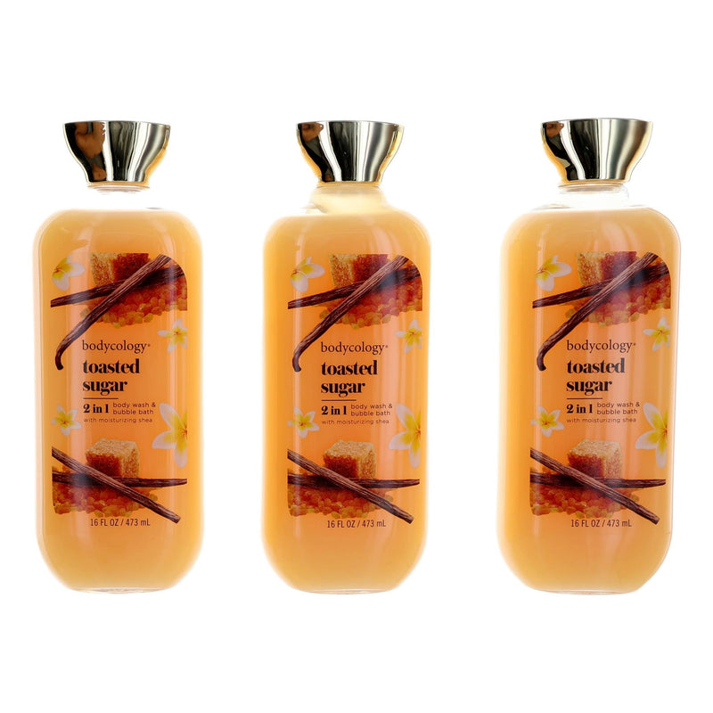 Three 16oz bottles of Bodycology Toasted Sugar 2-in-1 body wash and bubble bath for women, featuring a clear and colorful label design.