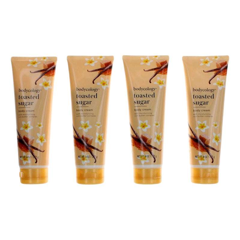Four 8oz jars of Bodycology Toasted Sugar moisturizing body cream for women, featuring creamy texture and sweet scent.