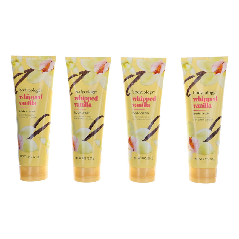 Four 8oz jars of Bodycology Whipped Vanilla moisturizing body cream for women, showing creamy, whipped texture in white containers.