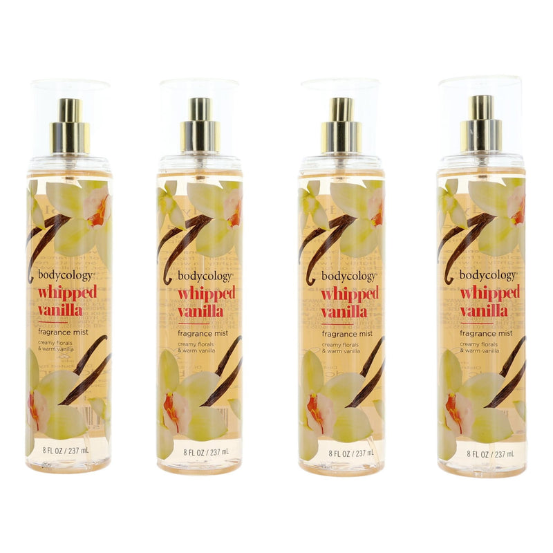 Four 8 oz bottles of Bodycology Whipped Vanilla fragrance mist for women, featuring soft vanilla scent in a physical product display.