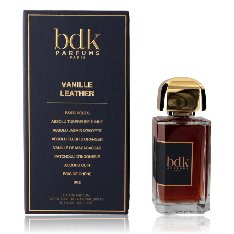 Vanille Leather BDK Parfums unisex 3.4 oz EDP spray bottle with sleek design and floral accents.