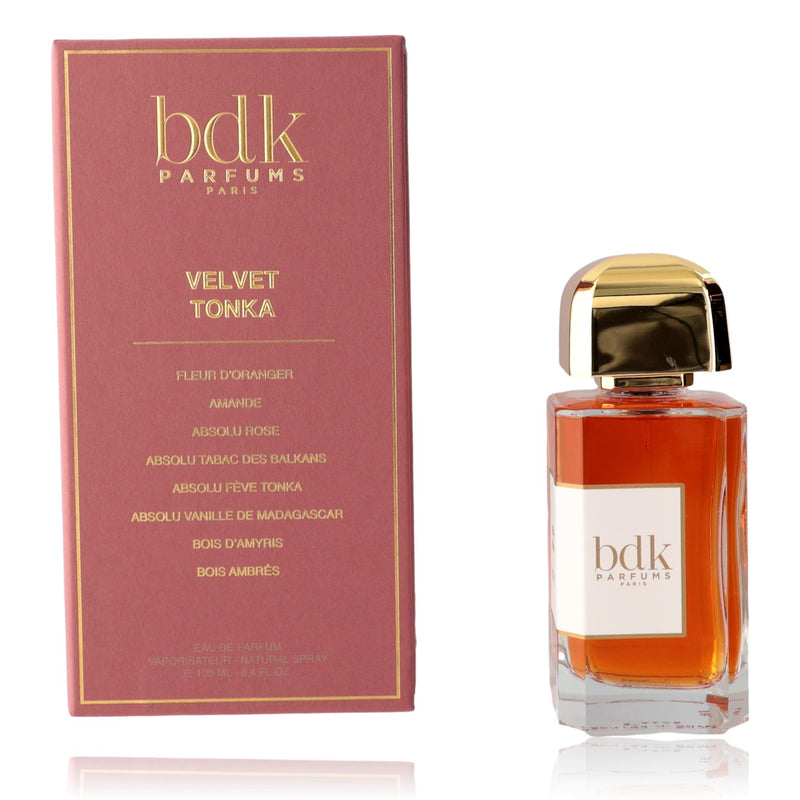 Velvet Tonka by BDK Parfums 3.4 oz unisex EDP spray bottle with elegant packaging and sleek design.