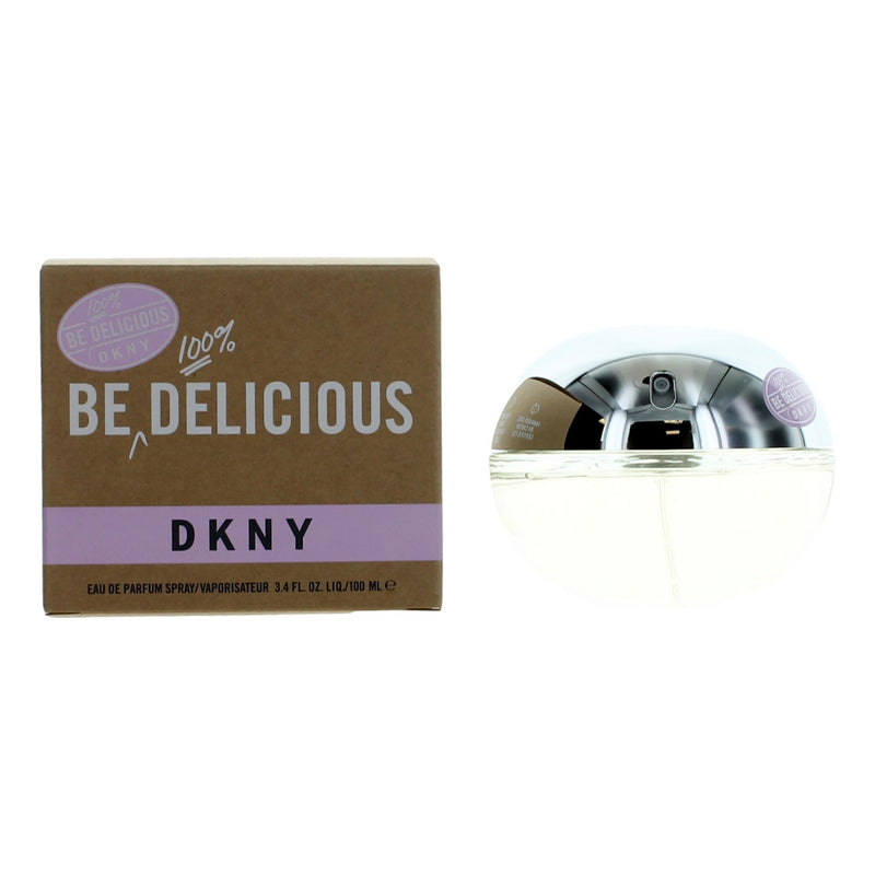 Donna Karan Be 100% Delicious DKNY women’s 3.4 oz EDP spray bottle, featuring elegant packaging and floral fragrance design.