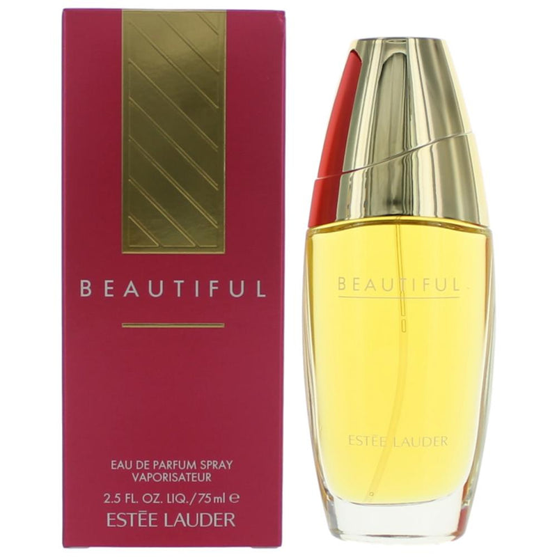 Estee Lauder Beautiful 2.5 oz women's EDP spray bottle with elegant glass container and decorative cap.