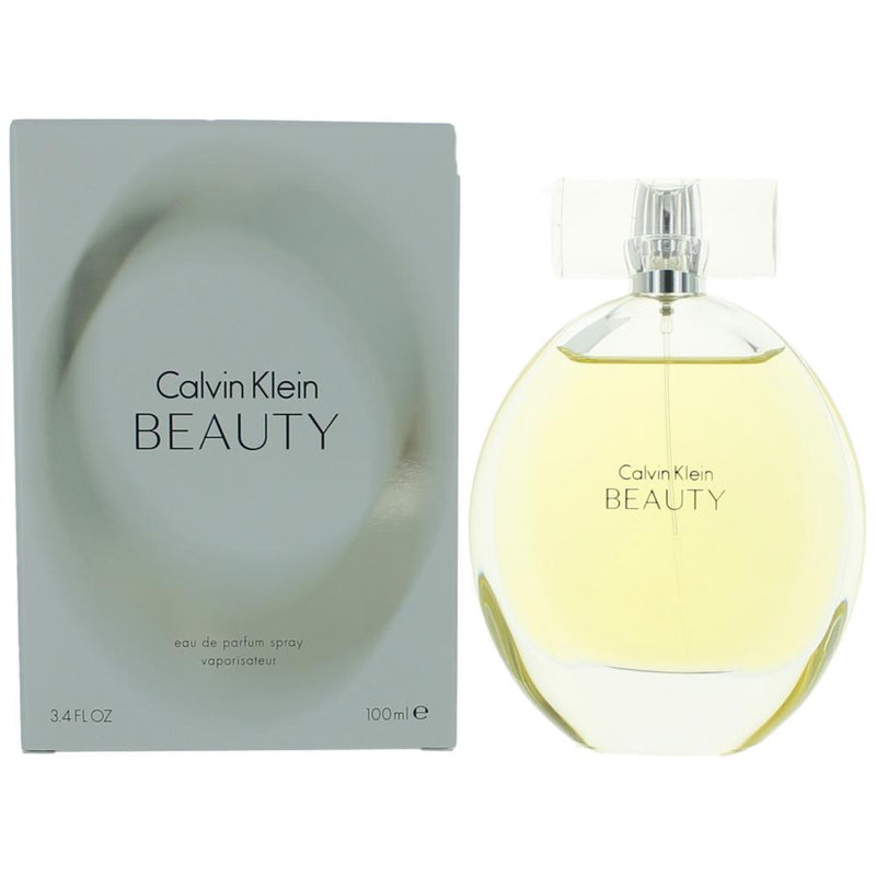 Calvin Klein Beauty 3.4 oz women's EDP spray bottle with sleek packaging and floral accents, showcasing the elegant perfume design.