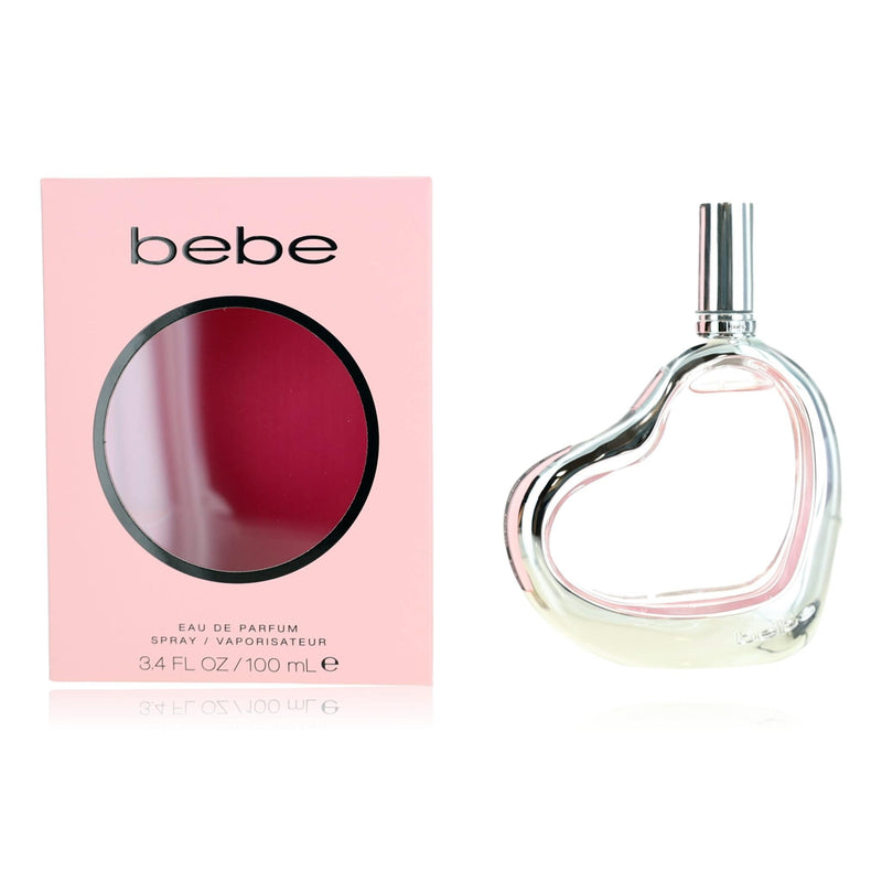 Bebe by Bebe 3.4 oz women's EDP spray bottle, white floral perfume with elegant packaging and silver cap.