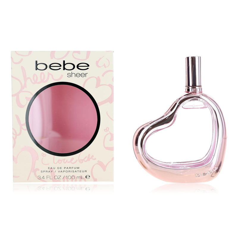 bebe Sheer by bebe women's 3.4 oz EDP spray bottle, transparent glass with silver spray nozzle, elegant fragrance packaging