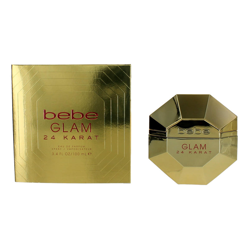 bebe Glam 24 Karat Eau de Parfum spray for women, 3.4 oz bottle with elegant packaging.