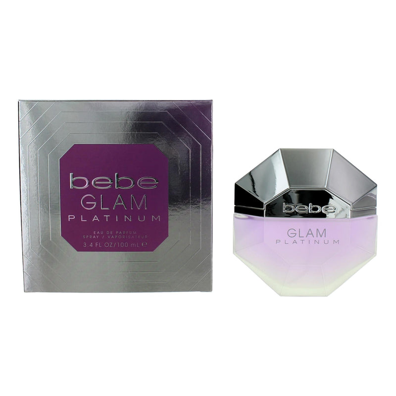 Bebe Glam Platinum 3.4 oz EDP spray for women, featuring a sleek bottle design and the fragrance's elegant, modern appearance.