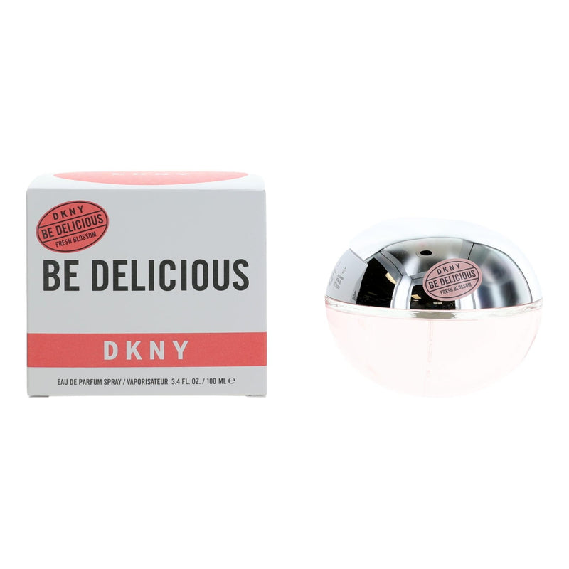 Donna Karan Be Delicious Fresh Blossom 3.4 oz women's EDP spray bottle with floral design and clear packaging.