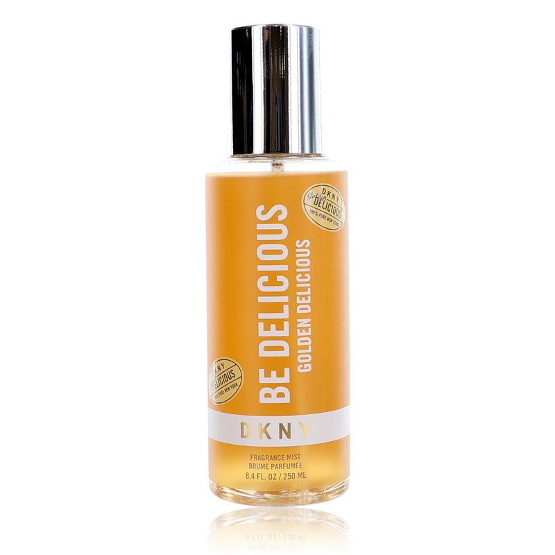 Donna Karan DKNY Golden Delicious body mist for women, 8.4 oz bottle with gold accents, displayed on a plain background.