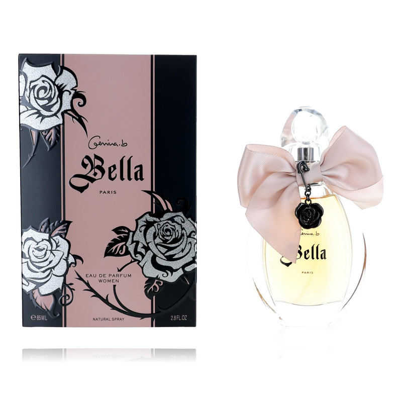 Gemina.b Bella by Gemina B 2.8 oz women's EDP spray bottle, elegant packaging and floral fragrance design.