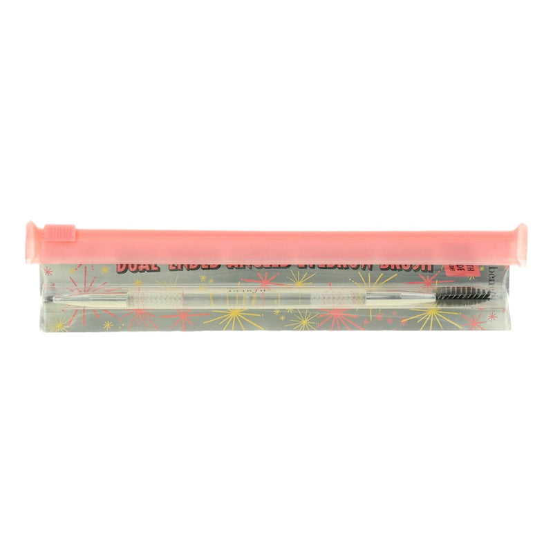 Benefit Cosmetics dual-ended angled eyebrow brush with one spoolie and one angled brush for precise eyebrow grooming and shaping.