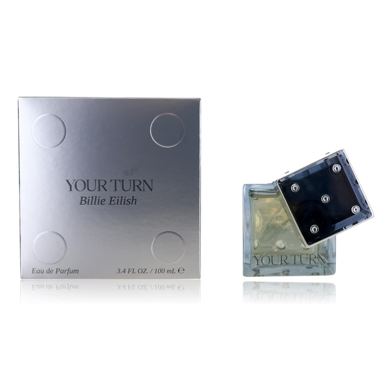 Billie Eilish Your Turn 3.4 oz women’s Eau de Parfum spray displayed in a sleek bottle ready for use.
