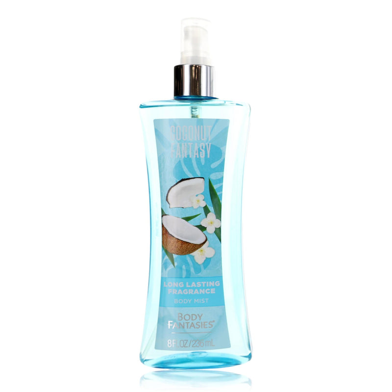 Coconut Fantasy Body Fantasies 8 oz fragrance body spray for women, featuring a tropical coconut scent in a spray bottle.