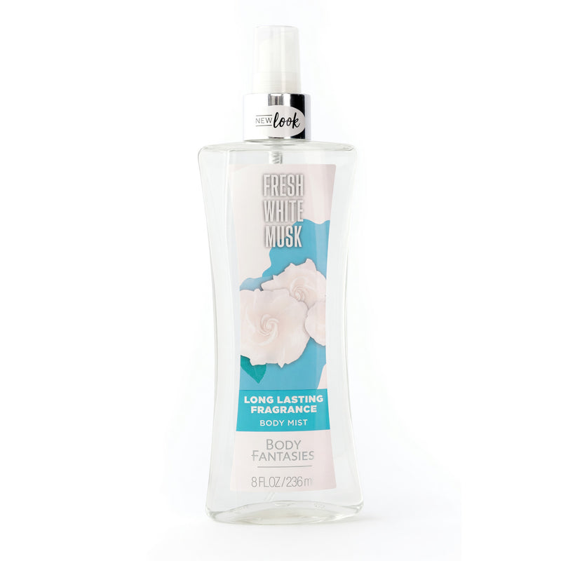 Fresh White Musk by Parfums De Coeur, 8oz white fragrance body spray for women, shown in a clear spray bottle.