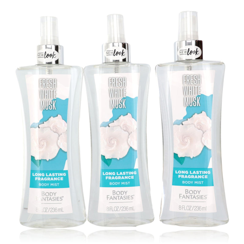 Fresh White Musk body spray by Parfums De Coeur, 3-pack of 8oz white musk fragrance sprays for women, displayed in the image.