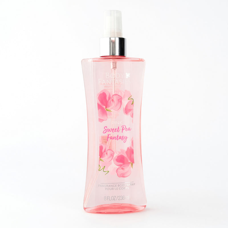 Pink Sweet Pea Fantasy fragrance body spray by Parfums De Coeur, 8oz bottle, featuring a pink floral design and spray nozzle.