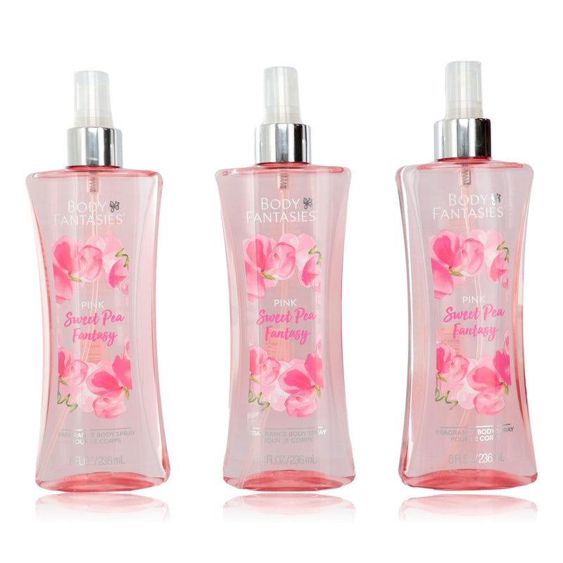Pink Sweet Pea Fantasy Body Fantasies 3-pack of 8oz fragrance body sprays for women, featuring floral and sweet scent notes.