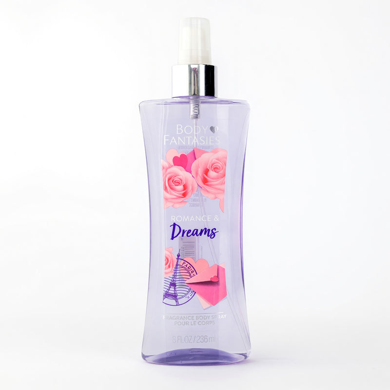 Body Fantasies Romance & Dreams 8oz fragrance body spray for women, featuring floral and fruity scent, in a sleek spray bottle.