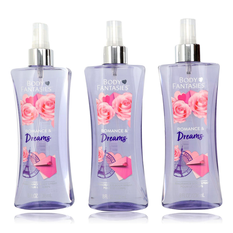 Three 8oz Romance & Dreams Body Fantasies fragrance body sprays for women by Parfums De Coeur, displayed in a 3-pack.