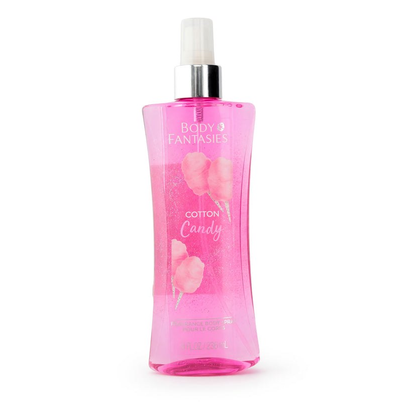 Body Fantasies Cotton Candy fragrance body spray for women, 8 oz bottle, with pink and purple floral design.