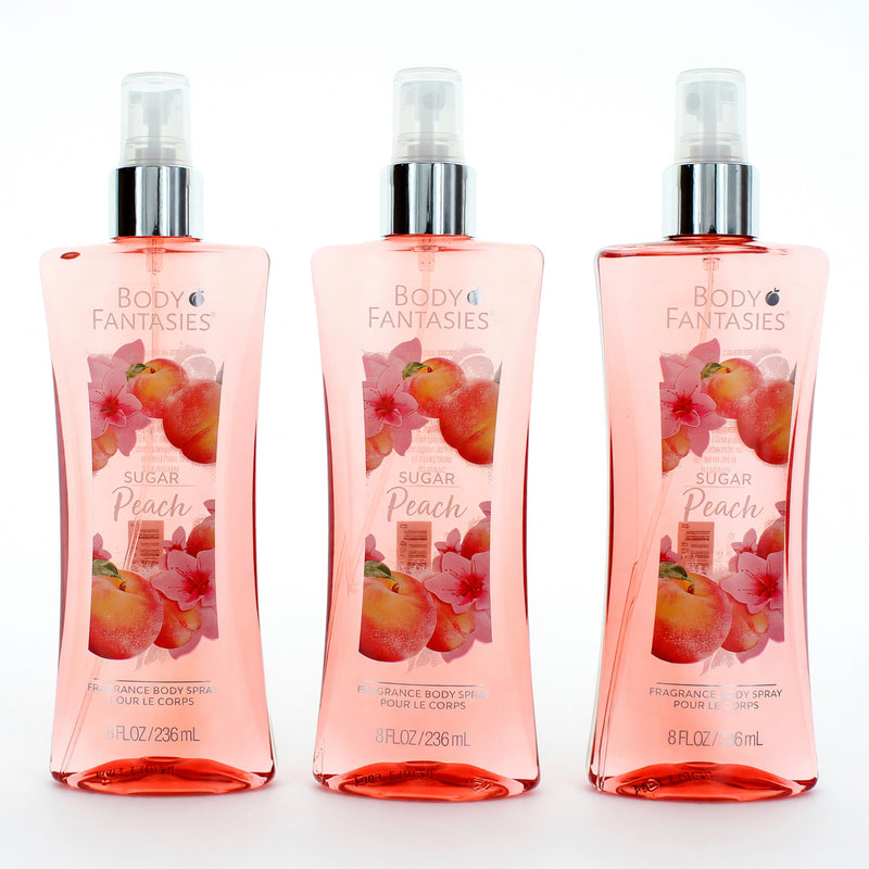 Three 8oz bottles of Sugar Peach Body Fantasies fragrance body spray by Parfums De Coeur for women, shown in a 3-pack.