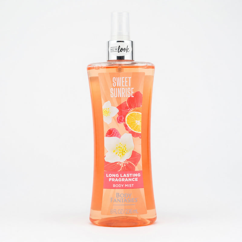Sweet Sunrise Fantasy body spray by Body Fantasies, 8oz fragrance spray for women, with floral and fruity scent visible in the bottle.
