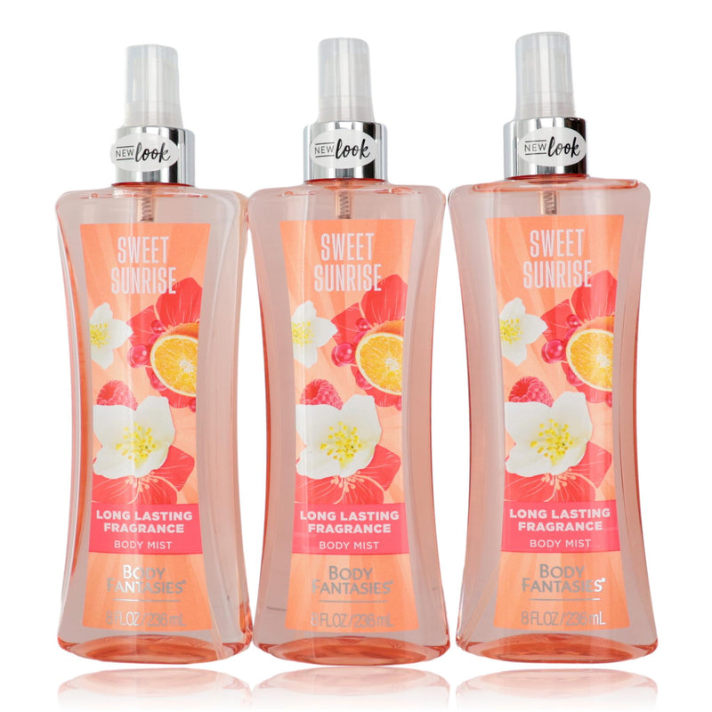 Three 8oz bottles of Sweet Sunrise Fantasy Body Spray by Body Fantasies for women, featuring colorful packaging and floral scents.