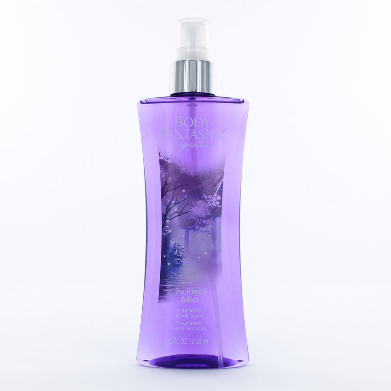 Body Fantasies Twilight Mist fragrance body spray for women, 8 oz bottle with purple and silver design, featuring floral and fruity notes.