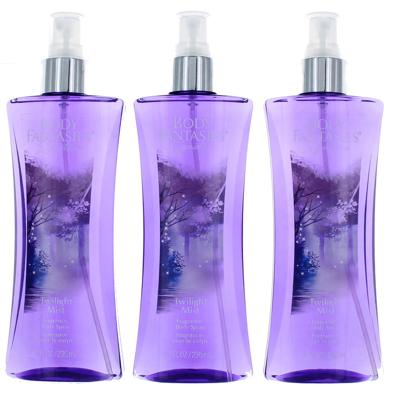 Twilight Mist Body Fantasies fragrance body spray for women, 3 pack of 8oz bottles with floral and fresh scent, by Parfums De Coeur