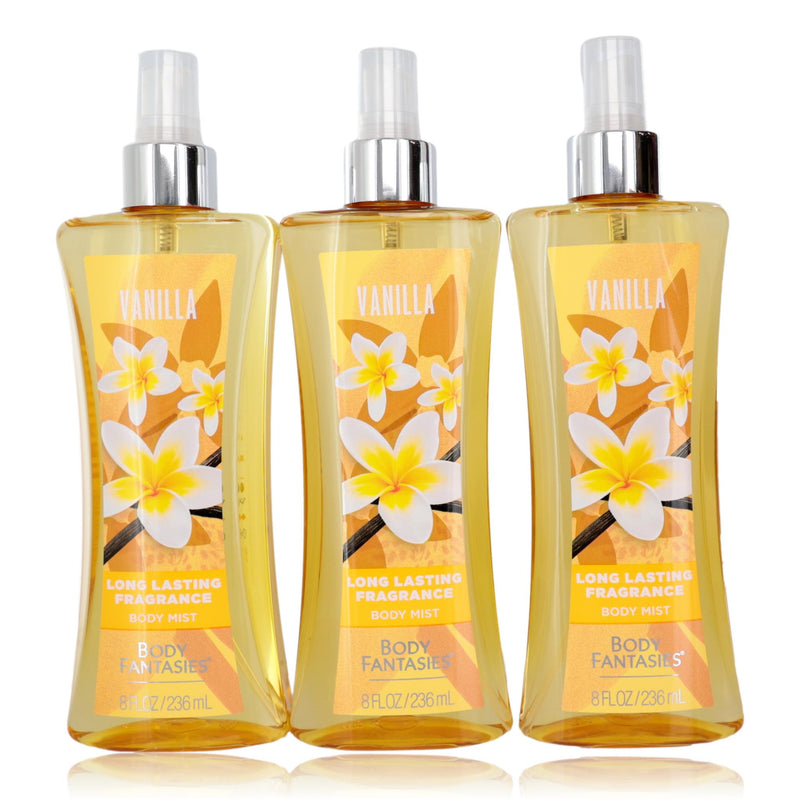 Three 8 oz vanilla body sprays for women from Body Fantasies by Parfums De Coeur, featuring sleek bottles and vanilla scent.