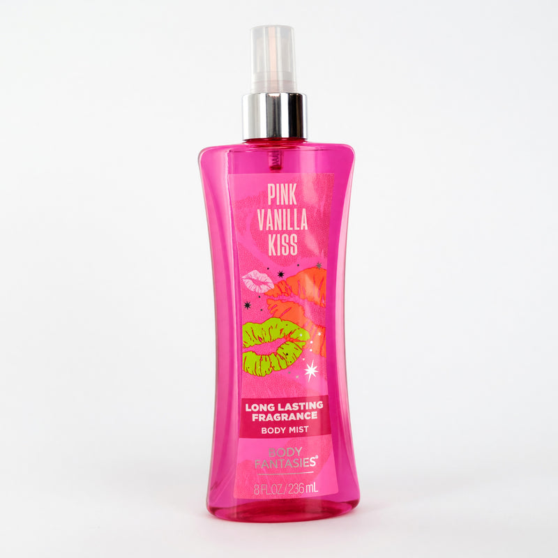 Pink Vanilla Kiss Fantasy by Body Fantasies 8oz fragrance body spray for women, featuring a pink bottle with vanilla and floral notes.