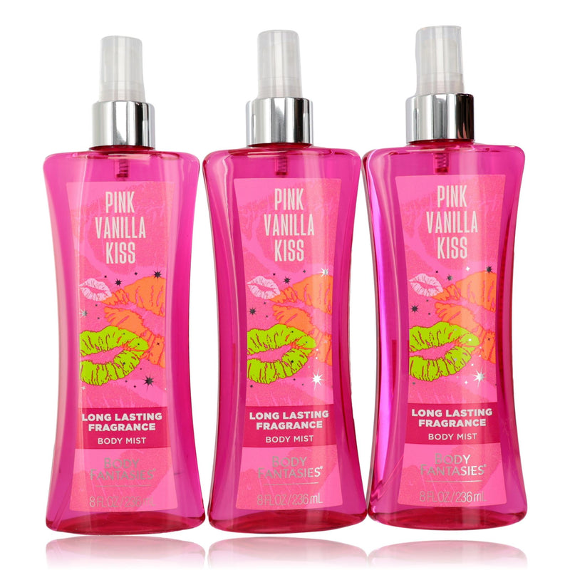 Pink Vanilla Kiss Fantasy 3-pack body spray set by Parfums De Coeur, featuring three 8-ounce bottles with pink and floral packaging.