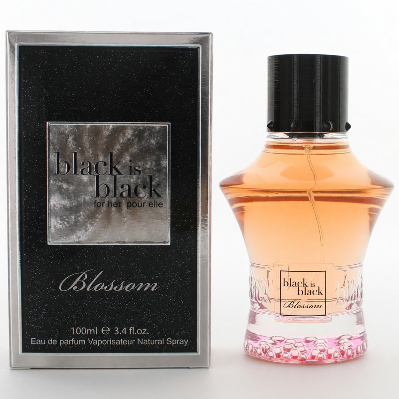 Black is Black Blossom by NuParfums 3.4 oz women’s EDP spray bottle with black floral design.