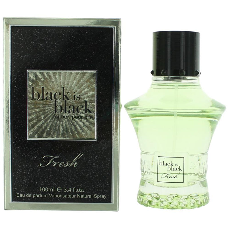 NuParfums Black is Black Fresh 3.4 oz EDP spray for women, featuring a sleek black bottle and elegant design.