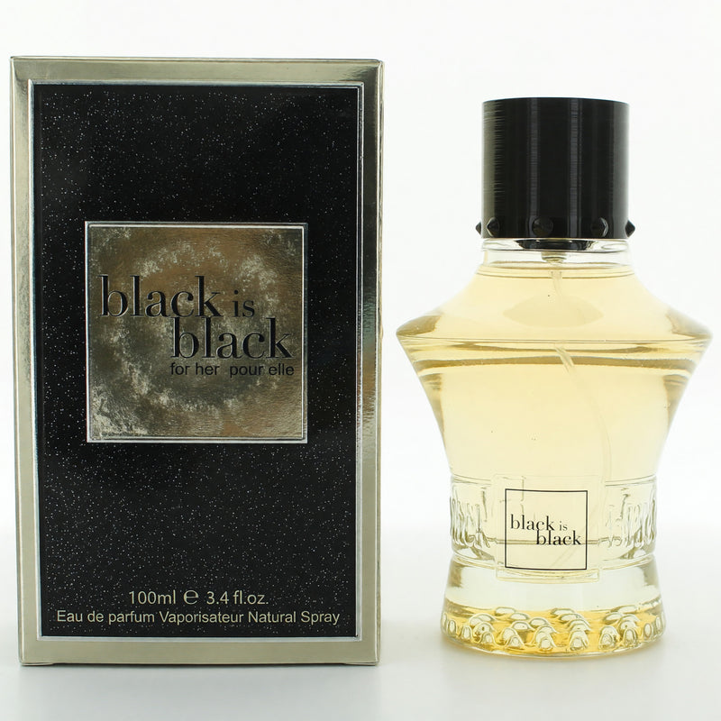 Black is Black for Her by NuParfums 3.4 oz Eau de Parfum spray bottle, sleek black packaging for women.