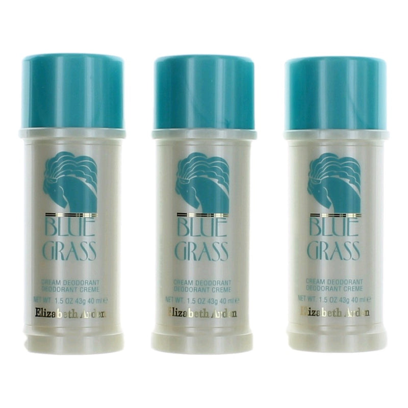 Elizabeth Arden Blue Grass cream deodorant for women, 3 x 1.5oz, shown in a sleek container with a blue label.