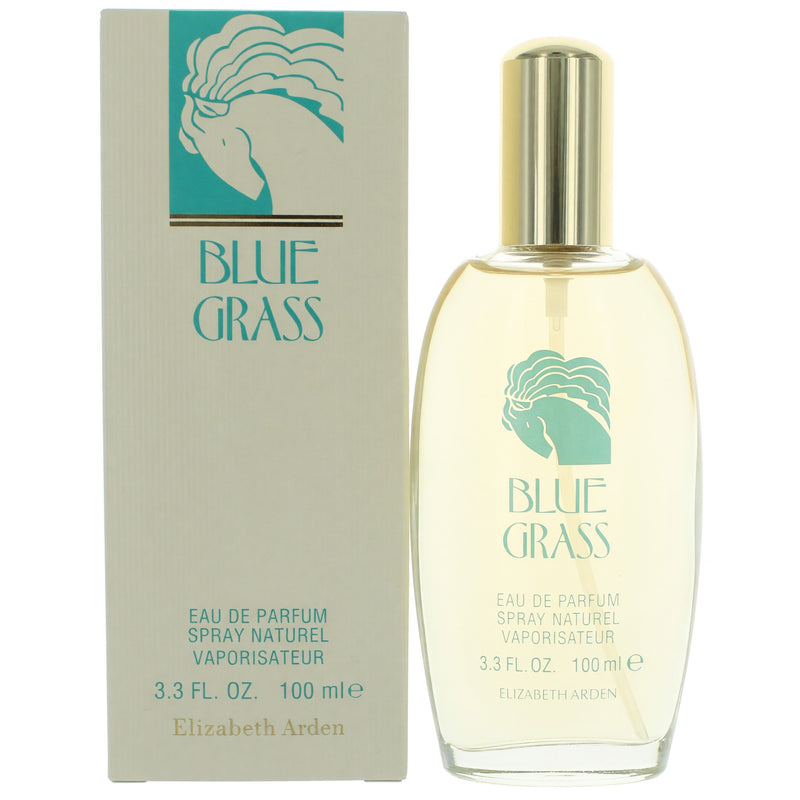 Elizabeth Arden Blue Grass 3.3 oz women's EDP spray bottle, elegant perfume packaging with a blue floral design.