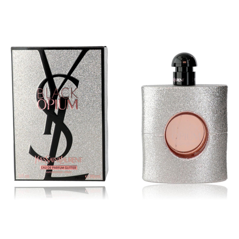 Yves Saint Laurent Black Opium Glitter 3 oz women’s EDP spray bottle with glitter accents on the packaging