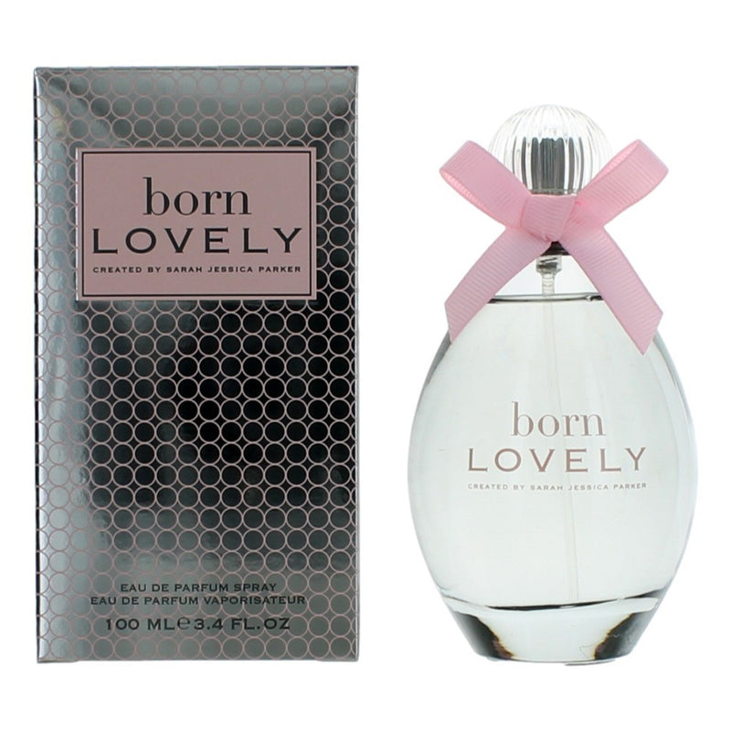Born Lovely by Sarah Jessica Parker 3.4 oz EDP spray for women, elegant fragrance bottle with floral design.