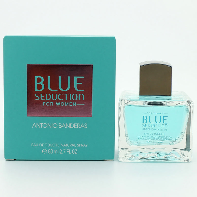 Blue Seduction by Antonio Banderas women’s 2.7 oz EDT spray bottle with blue and silver packaging.