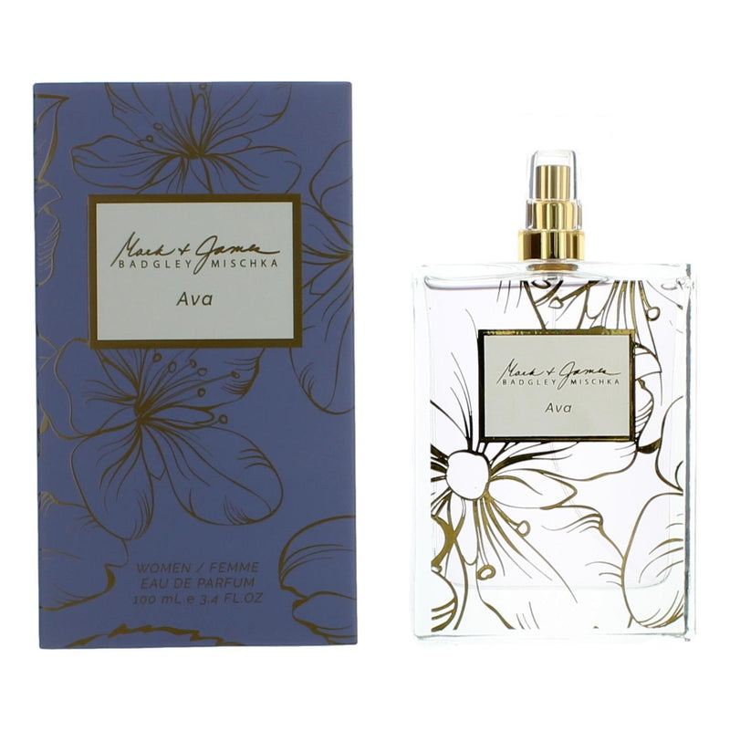 Ava by Badgley Mischka 3.4 oz EDP spray for women, elegant perfume bottle with a sleek, sophisticated design.