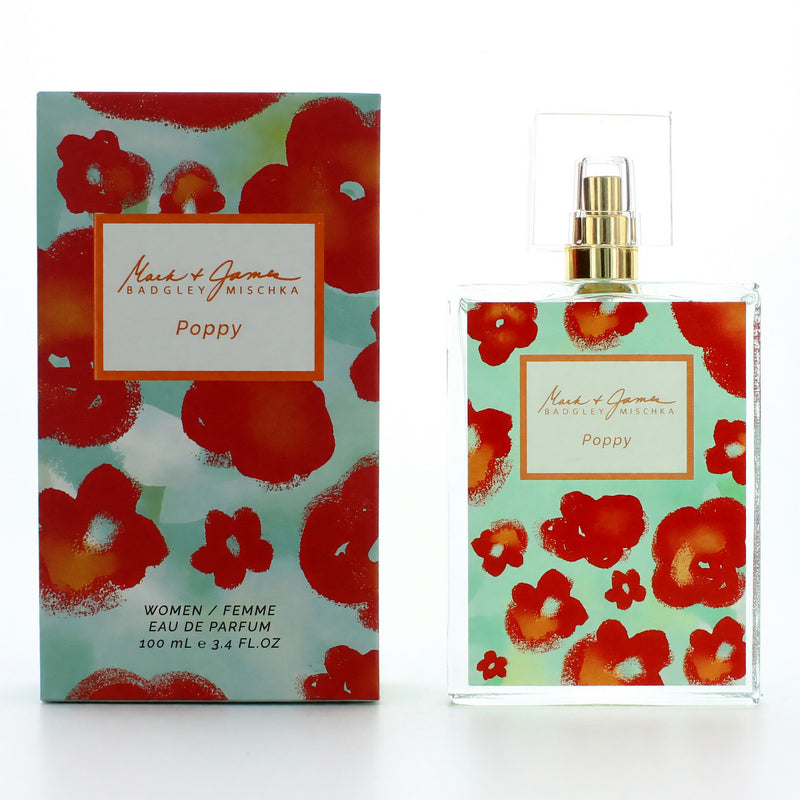 Badgley Mischka Poppy women’s 3.4 oz EDP spray bottle, elegant perfume with floral and citrus notes, in a sleek packaging.