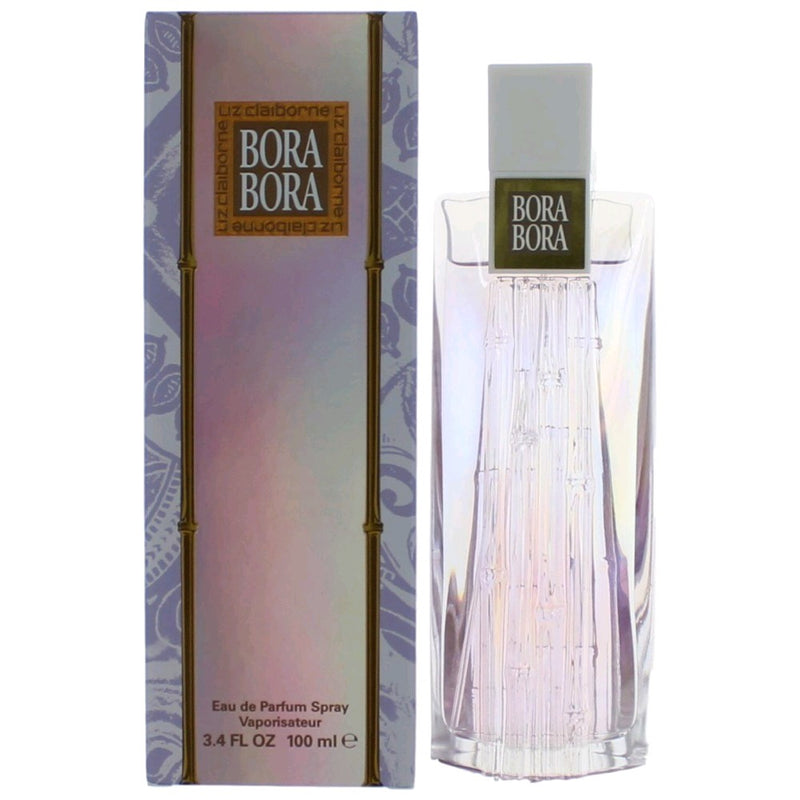 Bora Bora Liz Claiborne women’s 3.4 oz EDP spray bottle with floral and tropical fragrance packaging.