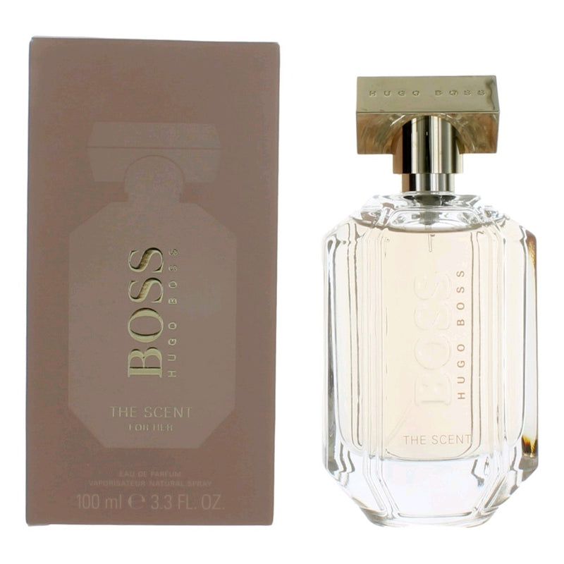 Hugo Boss The Scent 3.3 oz women’s EDP spray bottle with sleek packaging and floral fragrance design