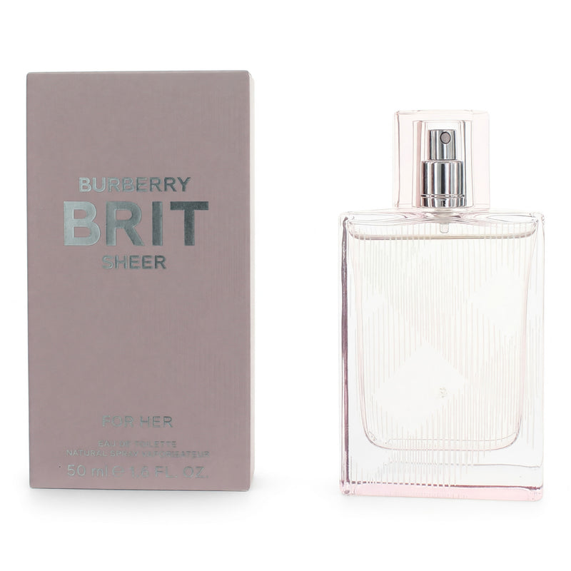 Burberry Brit Sheer 1.6 oz women's EDT spray bottle with clear glass and floral design, displayed on a white background.