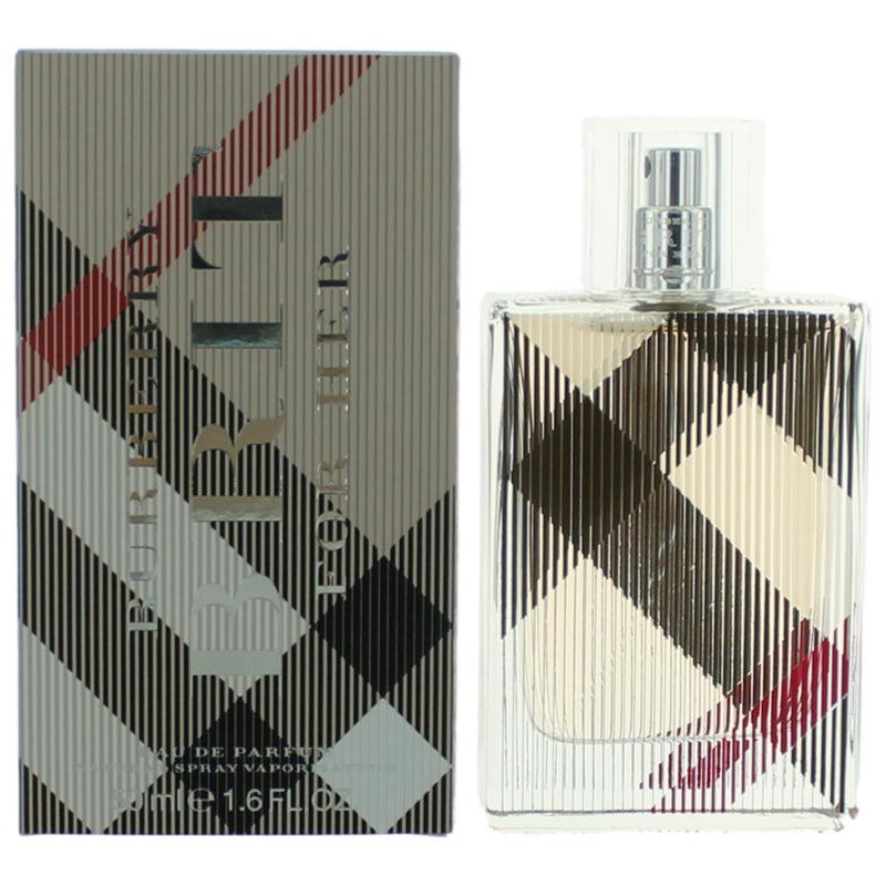 Burberry Brit 1.6 oz women's Eau de Parfum spray bottle with elegant packaging and classic branding.